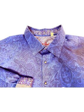 Robert Graham Blue Shirt 3XLT Paisley & Abstract Cuffs 100% Cotton Button Down